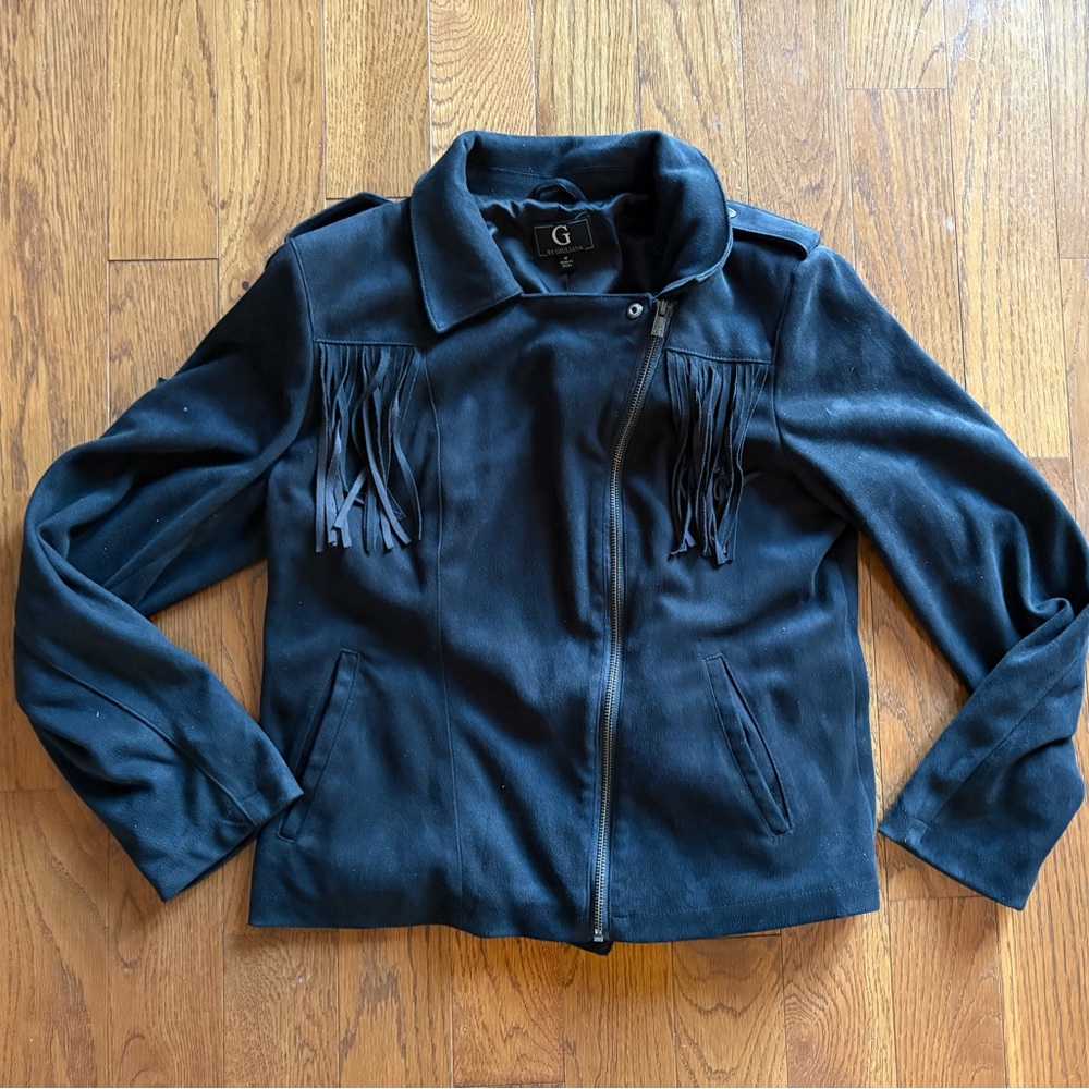 G by Giuliana Black Fringe Moto Side Zip Jacket